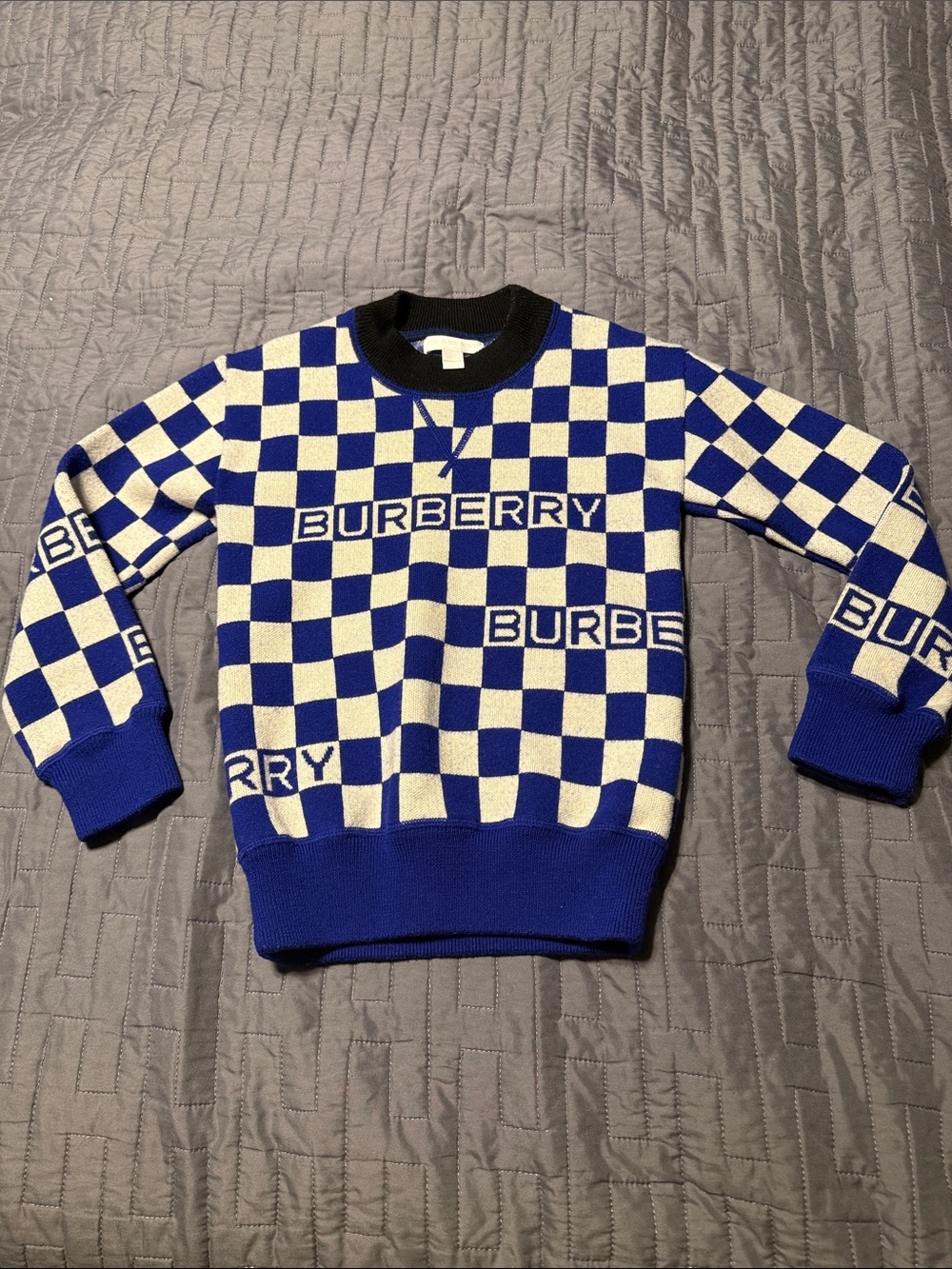 Burberry Blue and White Checkerboard Logo Sweater